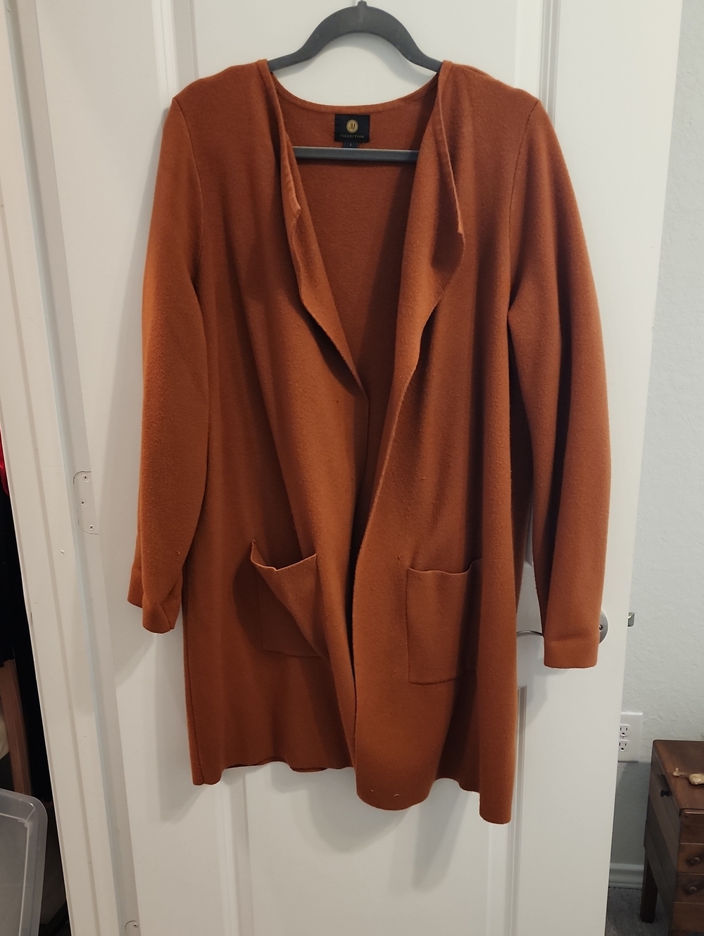JM Collection Open-Front Hooded Trench Coat in Rust/Burnt Orange Brown Large